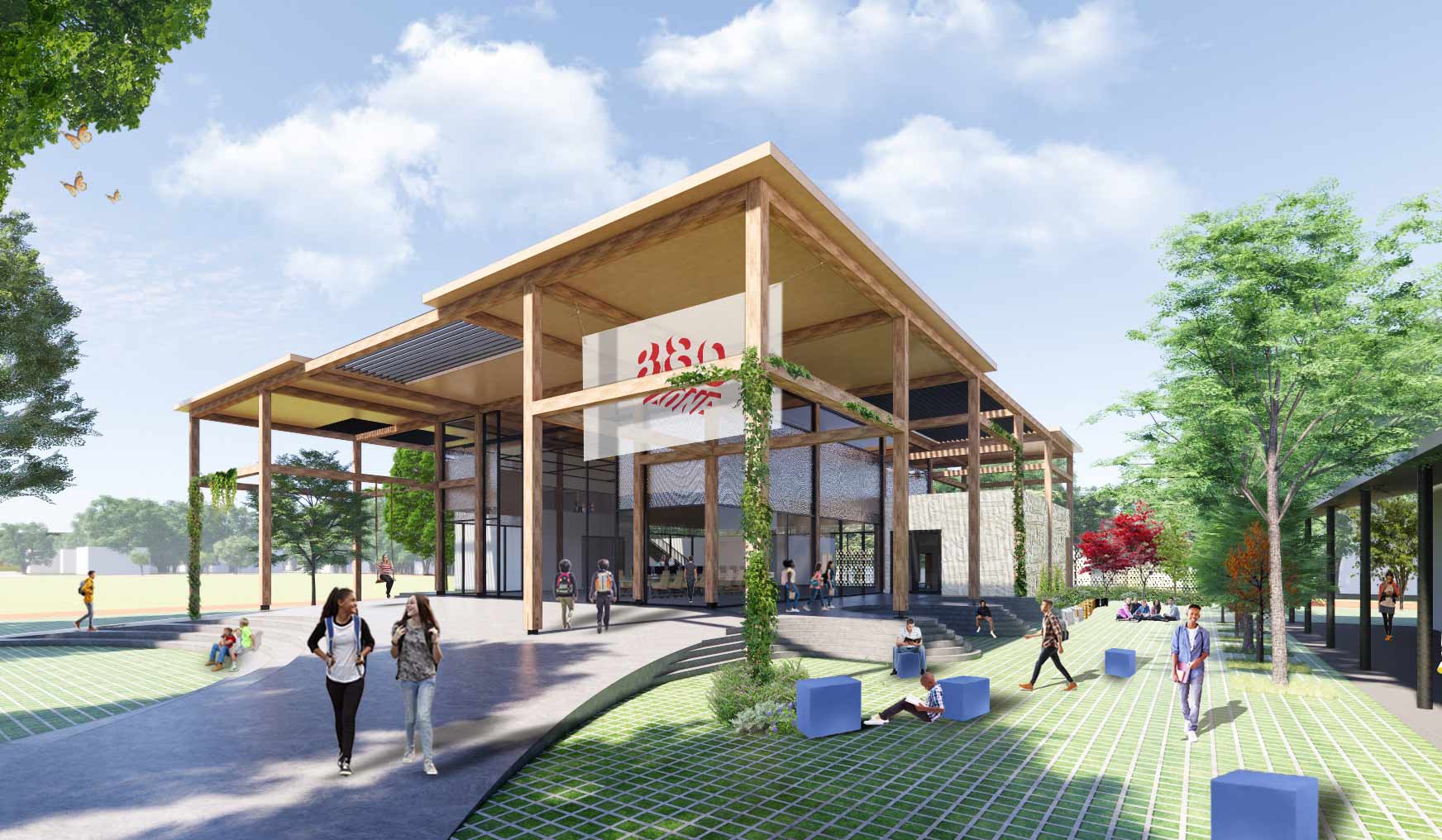 “Future Fruits” : As an extension of the surrounding orchard, the building is conceived as a framework for wellness, where a canopy of sustainability shelters new outdoor classrooms, digital labs, recording and production studios, and community rooms. Sustainability with the building as a teacher for a healthy future. Community Engagement, Sustainability Consulting with Bio Studio of JUST Collaborate