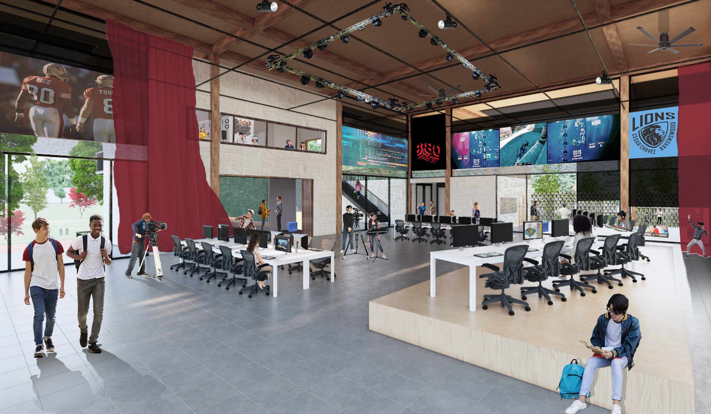 The Arena: In support of student agency, the space offers infinite flexibility and possibility, facilitating a wide range of activities from Esports & robotics competitions to digital & performing arts, and community gatherings.