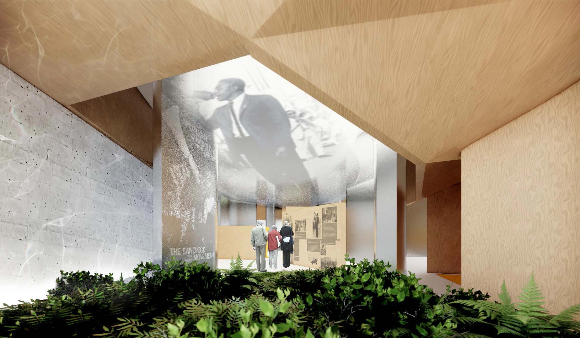 A Living Archive: Existing interior spaces are reimagined as experiences for healing and empathy through exhibition, as well as ephemeral cultural encounters supported through projection, storytelling, mural, and evolving gardens. Educational Cultural Center, San Diego, CA