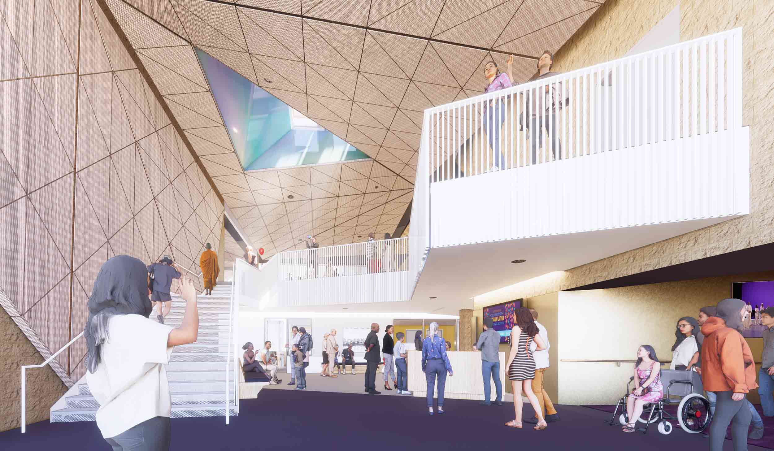 In collaboration with HGA Architects San Diego, JUST Design led a community engagement during the Educational Cultural Complex design phase that surfaced new opportunities and program for the historic theatre and lobby renovation. The interior rendering pictured is the lobby and “re-force” center where collegiate programs meet and spill into the historic theatre where audience meets the performer.